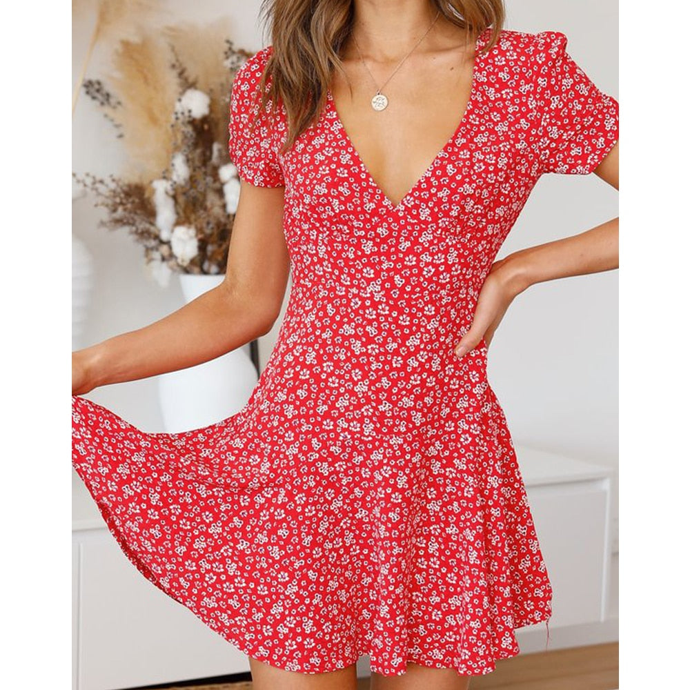V-Neck High Waist Slim Fit Flared A-Line Mini Dress