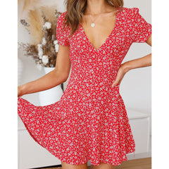 V-Neck High Waist Slim Fit Flared A-Line Mini Dress