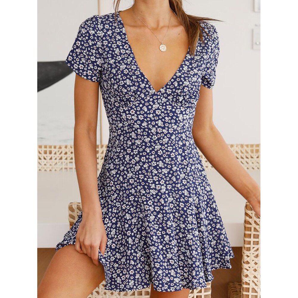 V-Neck High Waist Slim Fit Flared A-Line Mini Dress