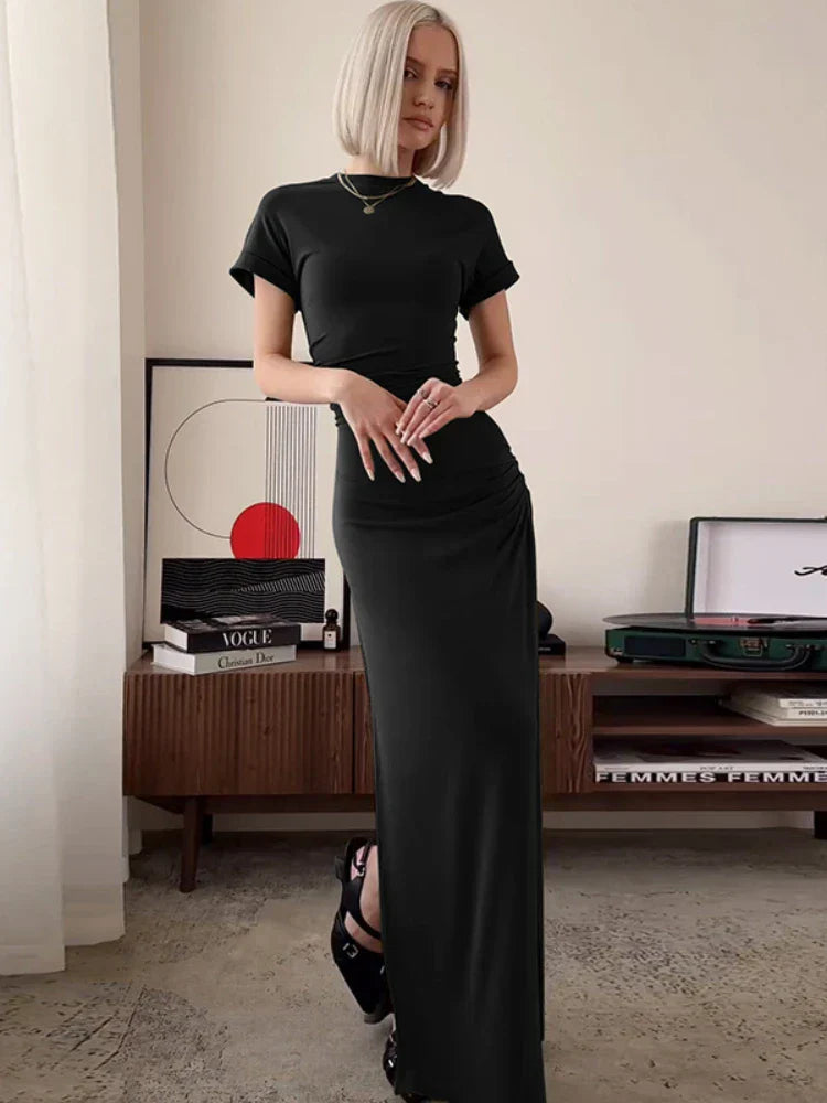 WomenO Neck Short Sleeve Slim High Waist Shirring Side Slit Evening Club Bodycon Lady Casual Dress