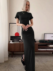 WomenO Neck Short Sleeve Slim High Waist Shirring Side Slit Evening Club Bodycon Lady Casual Dress