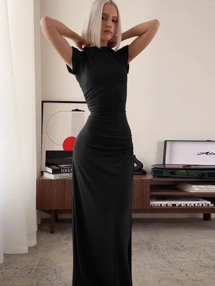 WomenO Neck Short Sleeve Slim High Waist Shirring Side Slit Evening Club Bodycon Lady Casual Dress
