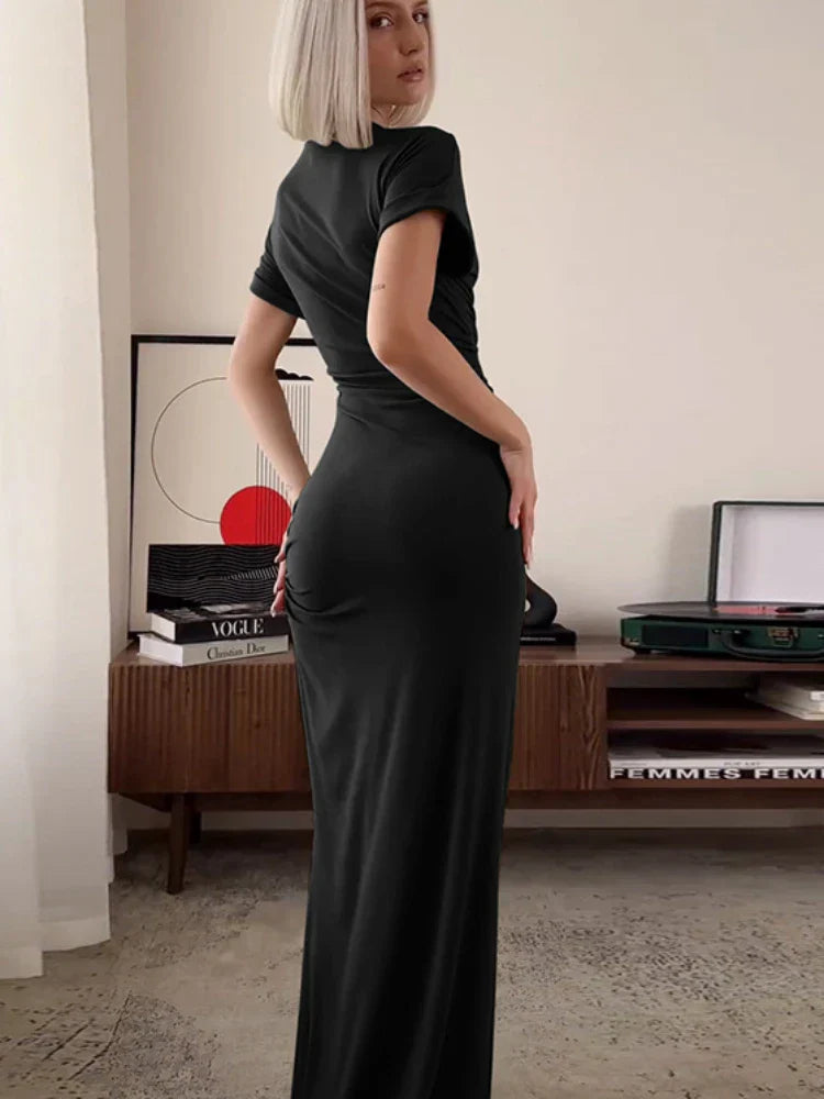 WomenO Neck Short Sleeve Slim High Waist Shirring Side Slit Evening Club Bodycon Lady Casual Dress