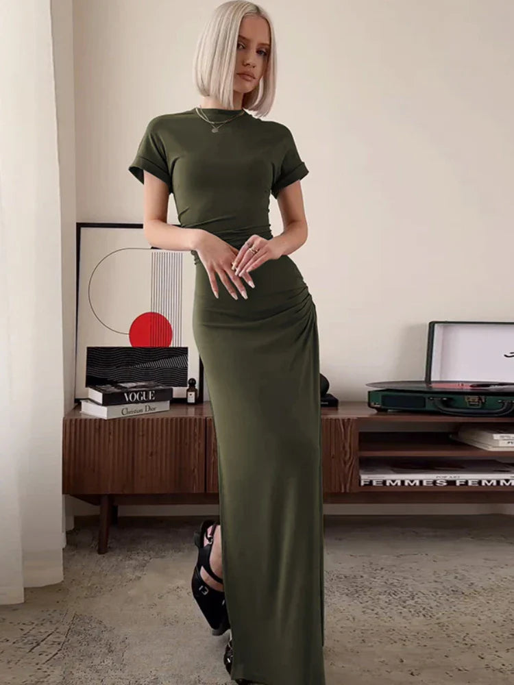 WomenO Neck Short Sleeve Slim High Waist Shirring Side Slit Evening Club Bodycon Lady Casual Dress