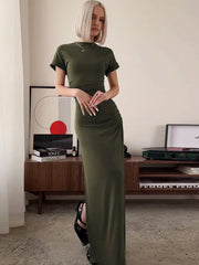 WomenO Neck Short Sleeve Slim High Waist Shirring Side Slit Evening Club Bodycon Lady Casual Dress