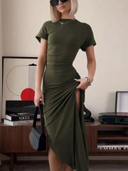 WomenO Neck Short Sleeve Slim High Waist Shirring Side Slit Evening Club Bodycon Lady Casual Dress