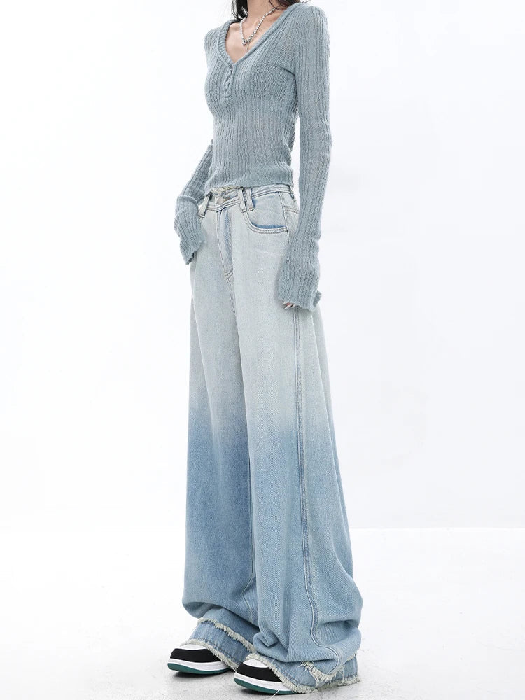 Light Blue Vintage Street Style Wide Leg Jeans