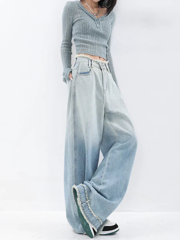 Light Blue Vintage Street Style Wide Leg Jeans