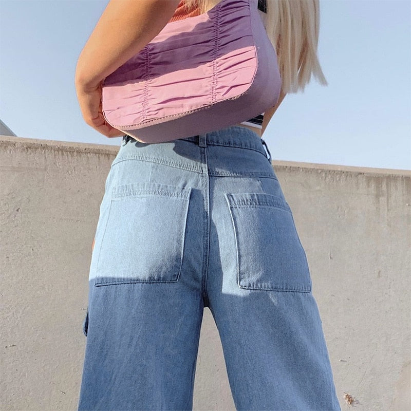 WomenHigh Waist Baggy Jeans Washed Flap Big Pocket Straight Wide Leg Denim Pants Streetwear