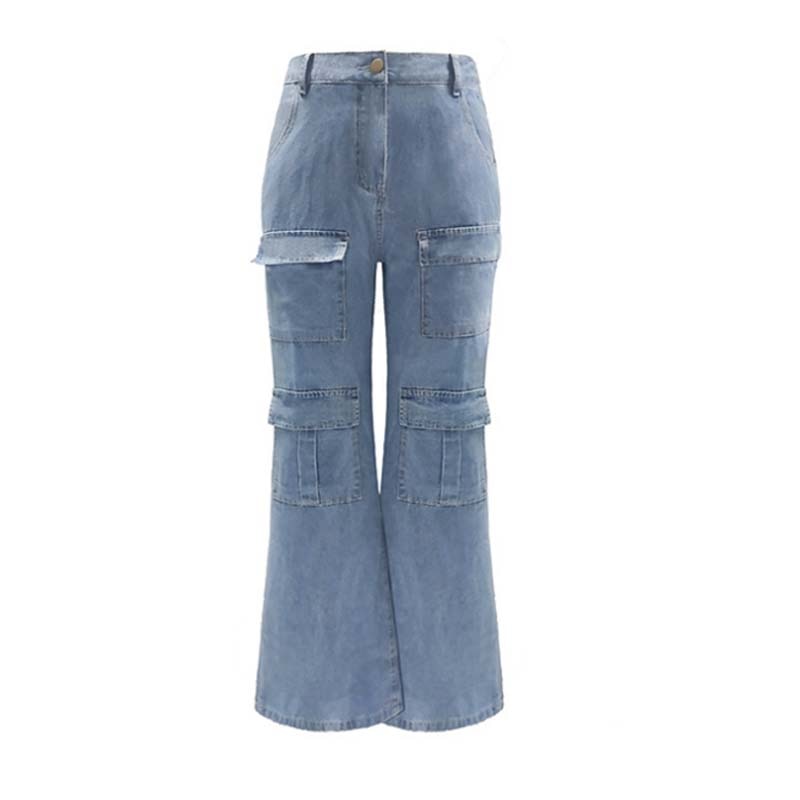 WomenHigh Waist Baggy Jeans Washed Flap Big Pocket Straight Wide Leg Denim Pants Streetwear