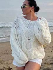 WomenHollow Out Knitted Loose Pullover Chic Round Neck Lantern Long Sleeve Sweater