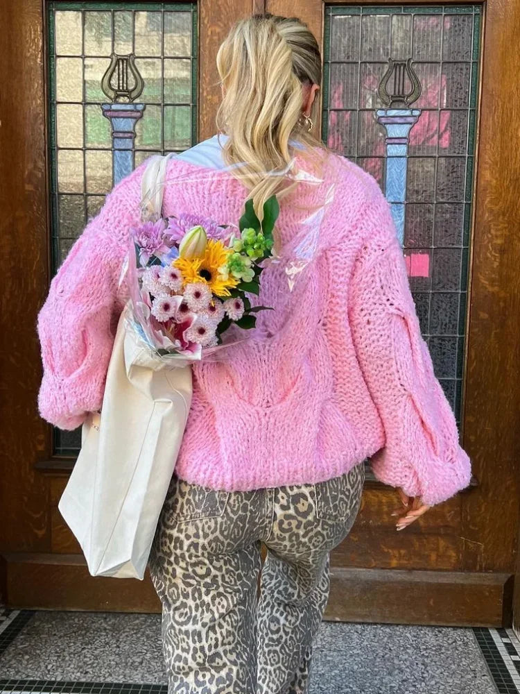 WomenHollow Out Knitted Loose Pullover Chic Round Neck Lantern Long Sleeve Sweater