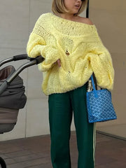 WomenHollow Out Knitted Loose Pullover Chic Round Neck Lantern Long Sleeve Sweater