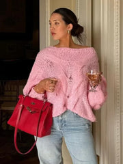 WomenHollow Out Knitted Loose Pullover Chic Round Neck Lantern Long Sleeve Sweater