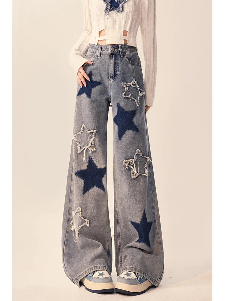 WomenAmerican Vintage Embroidery High Street Straight Leg Jeans