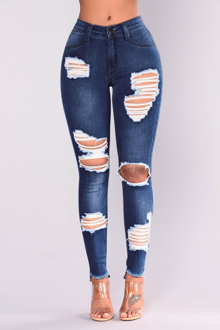 WomenJeans European and American Stretch Cotton Holes Pencil Feet Pants High Waisted Jeans