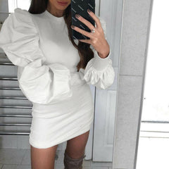 WomenKnit Bodycon Sweater Dress Long Puff Sleeve Autumn Winter Ladies Casual Long Jumper Pencil Dresses