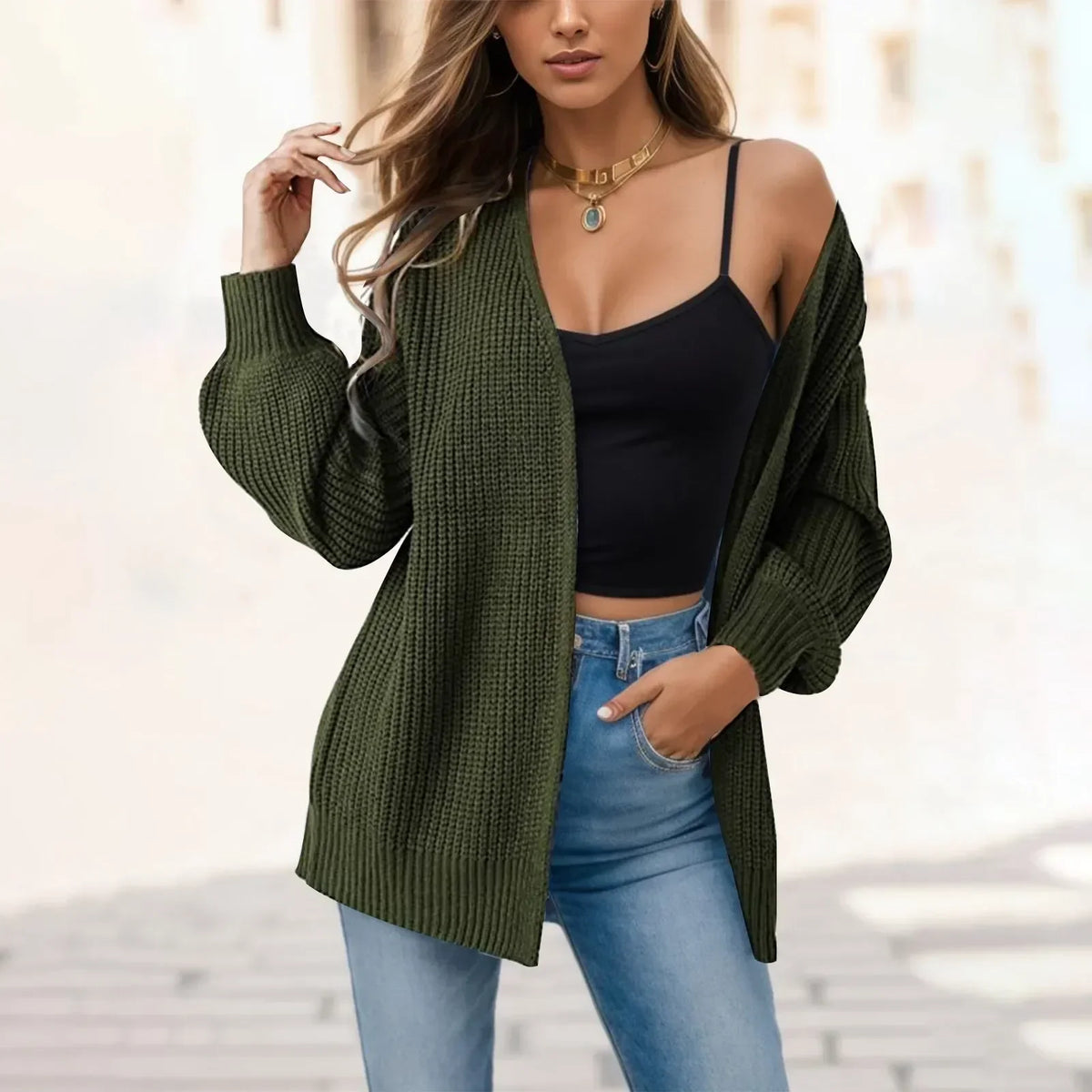 WomenKnitted Long Sleeve Cardigan Autumn Winter Open Front Drape Pockets Sweater Outerwear Coat