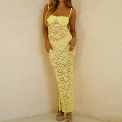 Lace Long Dress Tight Fitted Square Neck Backless See Through Flower Lace Dress