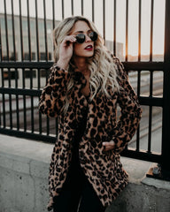 Leopard Lapel Fur Warm Medium Length Elegant Female Coats Jacket
