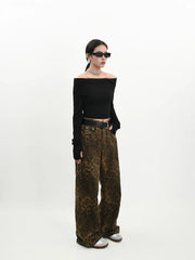 Retro Street Style Wide Leg Leopard Print Jeans