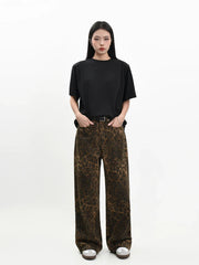 Retro Street Style Wide Leg Leopard Print Jeans
