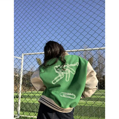 WomenLetter Embroidery Baseball Jacket Block Vintage Harajuku Spring Oversized V-Neck Streetwear Coat