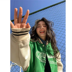 WomenLetter Embroidery Baseball Jacket Block Vintage Harajuku Spring Oversized V-Neck Streetwear Coat