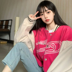 WomenLetter Embroidery Baseball Jacket Block Vintage Harajuku Spring Oversized V-Neck Streetwear Coat
