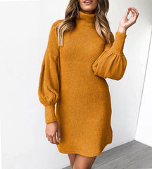 WomenLoose Oversize Turtleneck Lantern Sleeve Knit Sweater Dress Winter Warm Mini Jumper Pullover Dresses
