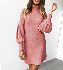 WomenLoose Oversize Turtleneck Lantern Sleeve Knit Sweater Dress Winter Warm Mini Jumper Pullover Dresses