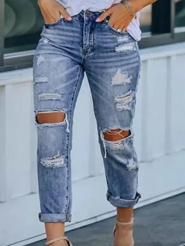 WomenRipped With Elastic Waist Loose Versatile Spring Summer Thin Style Jeans