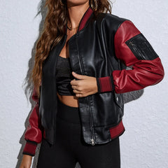 Stylish Red And Black Chic Zipper Pu Leather Jacket