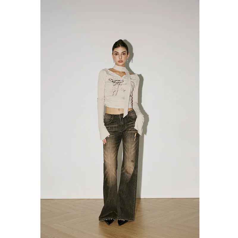 Retro Streetwear High Waist Wide Leg Denim Pants
