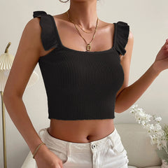 Ruffles Sleeveless Solid Fashion Backless Knitted Hot WomenCrop Cami Top
