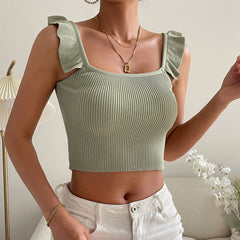 Ruffles Sleeveless Solid Fashion Backless Knitted Hot WomenCrop Cami Top