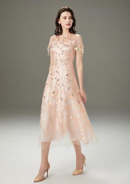 Embroidery Beaded Layered Fashion Mid Calf Dresses