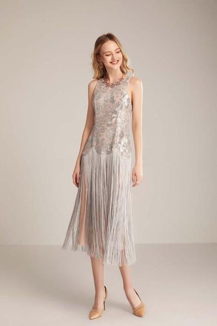 Runway Dresses O Neck Sleeveless Sequined Bodice Tassels Detailing Elegant Fashion Mid Calf Party Prom