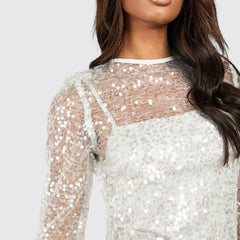 Sequined See Through Mesh Long Sleeve Mini Solid Color Elegant Fashion Short Female Party Club Dress