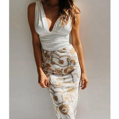 Deep V Neck Ruched Floral Patch Midi Dress 2019 Fashion Ladies Sleeveless Bodycon Evening Party Pencil Dress