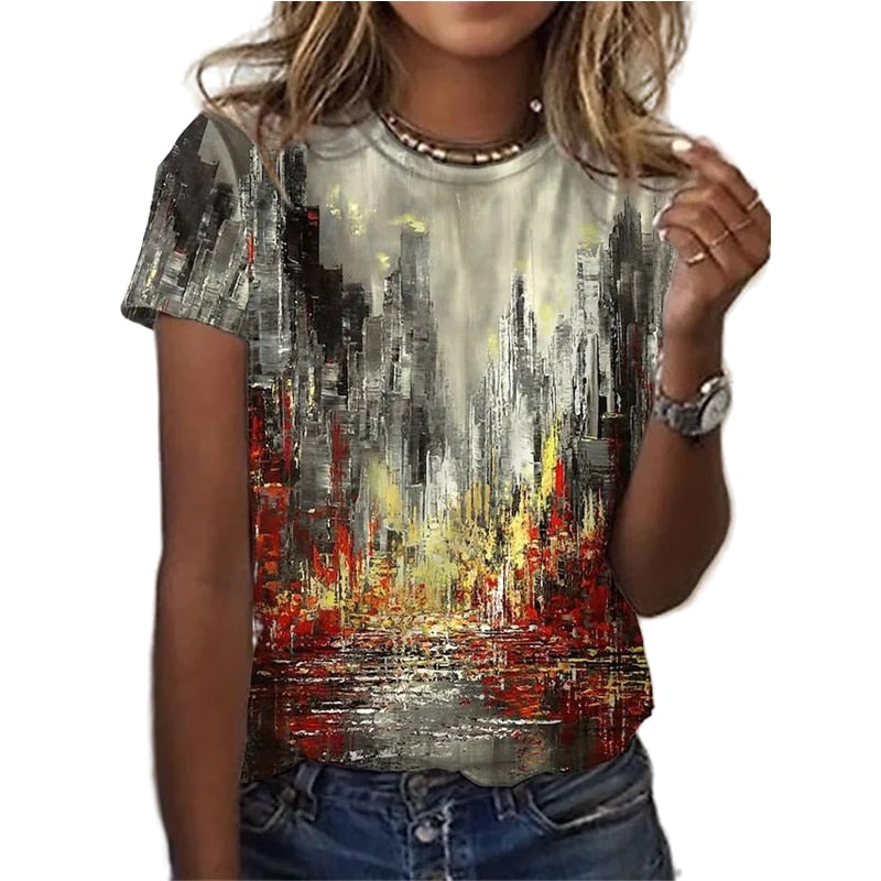 3D Floral Round Neck Casual T-Shirt
