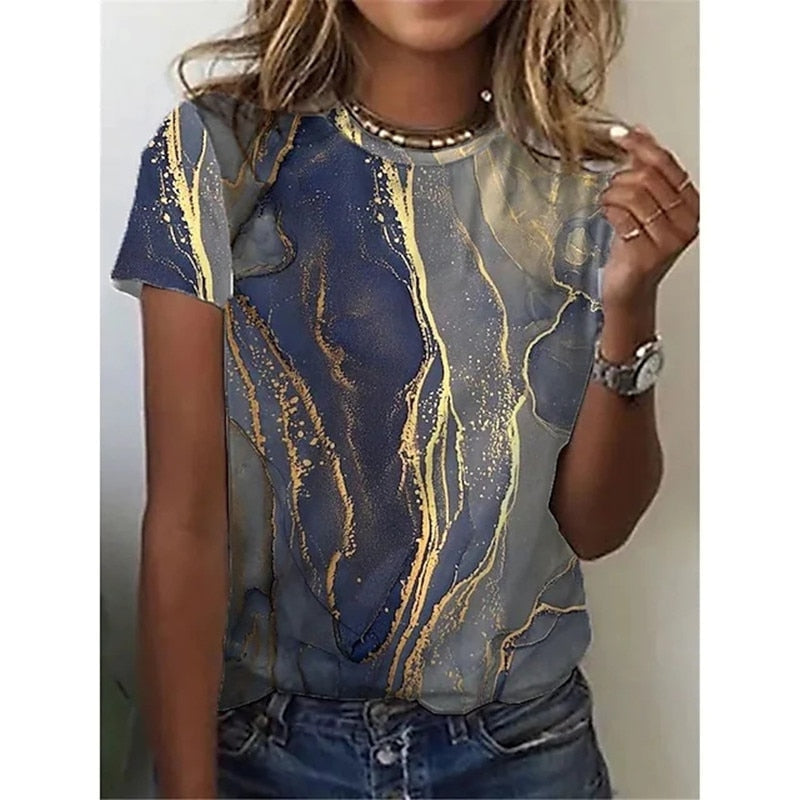3D Floral Round Neck Casual T-Shirt