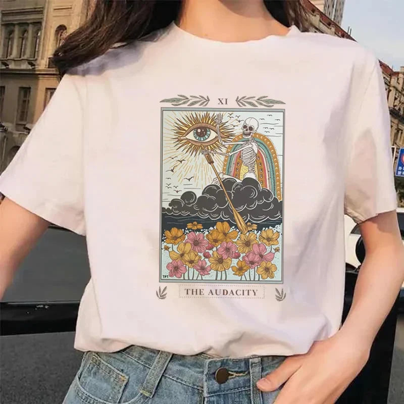 Tarot Card Flower Cartoon Summer Printed WomenT-Shirt