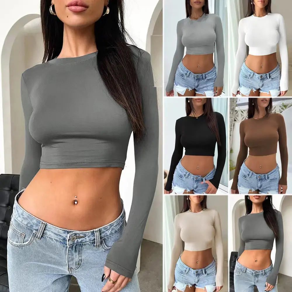 Crop Ultra-short Long-sleeved Base Shirt Spring WomenHot Girls Wear T-shirt