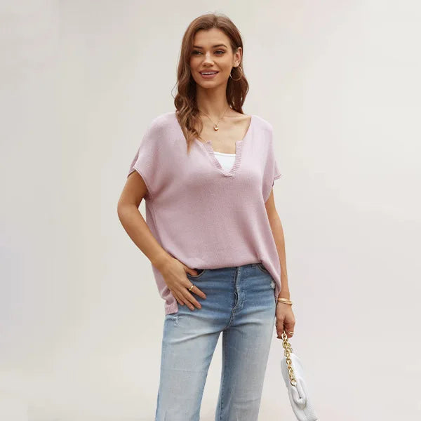 Color Slit Loose Large Size Pullover Spring WomenShort Sleeve V-neck Sweater T-shirt