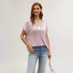 Color Slit Loose Large Size Pullover Spring WomenShort Sleeve V-neck Sweater T-shirt