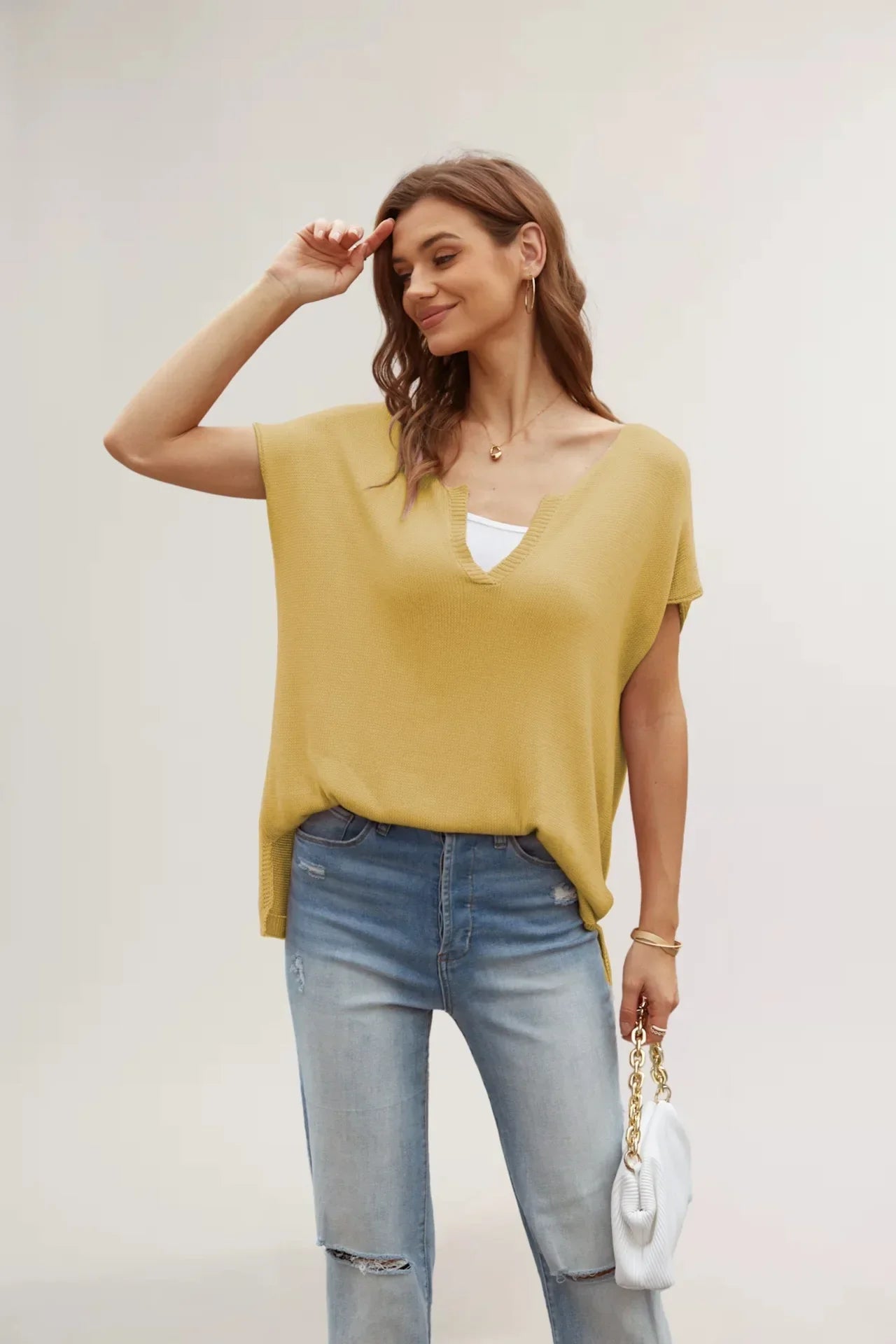 Color Slit Loose Large Size Pullover Spring WomenShort Sleeve V-neck Sweater T-shirt