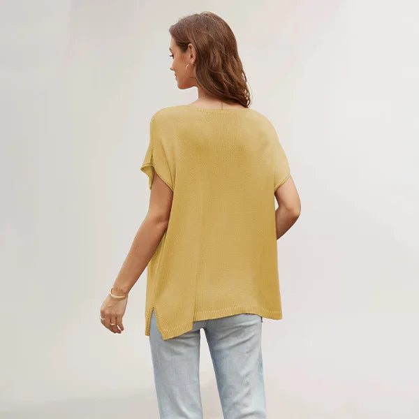 Color Slit Loose Large Size Pullover Spring WomenShort Sleeve V-neck Sweater T-shirt
