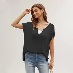 Color Slit Loose Large Size Pullover Spring WomenShort Sleeve V-neck Sweater T-shirt