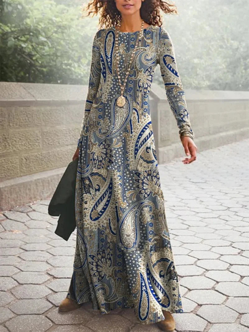 Vintage Geometric Print Autumn O Neck Boho Dress